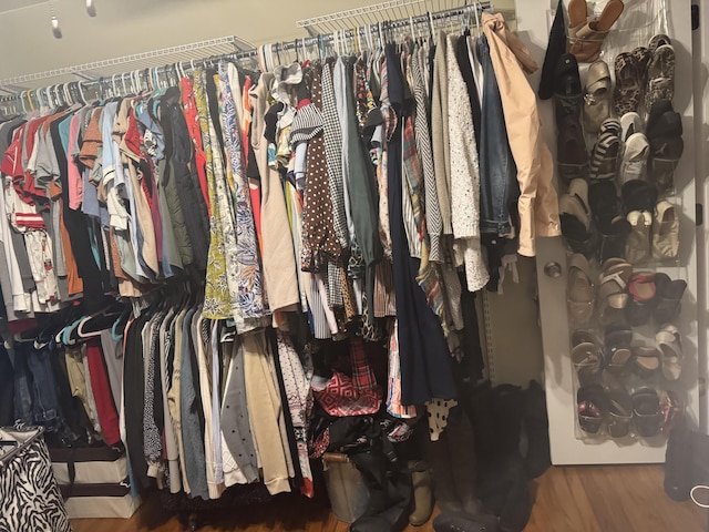 walk in closet with wood finished floors