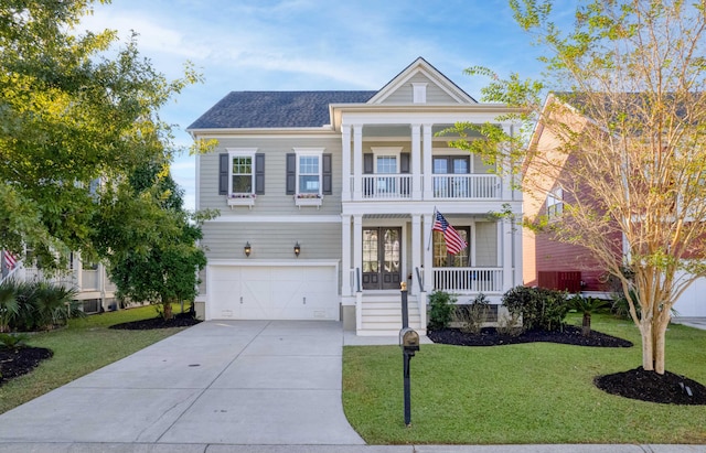 neoclassical / greek revival house with a front lawn, covered porch, and a garage