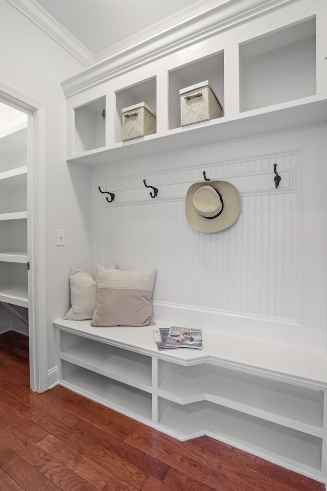 mudroom featuring crown molding and dark hardwood / wood-style flooring