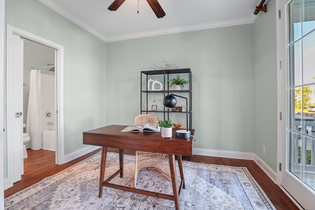 home office with ceiling fan, crown molding, hardwood / wood-style floors, and a wealth of natural light