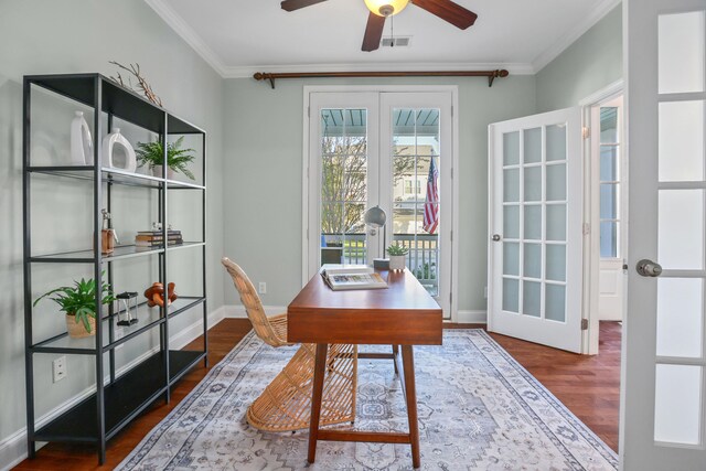 office featuring ornamental molding, ceiling fan, french doors, and dark hardwood / wood-style floors