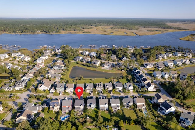 drone / aerial view with a water view