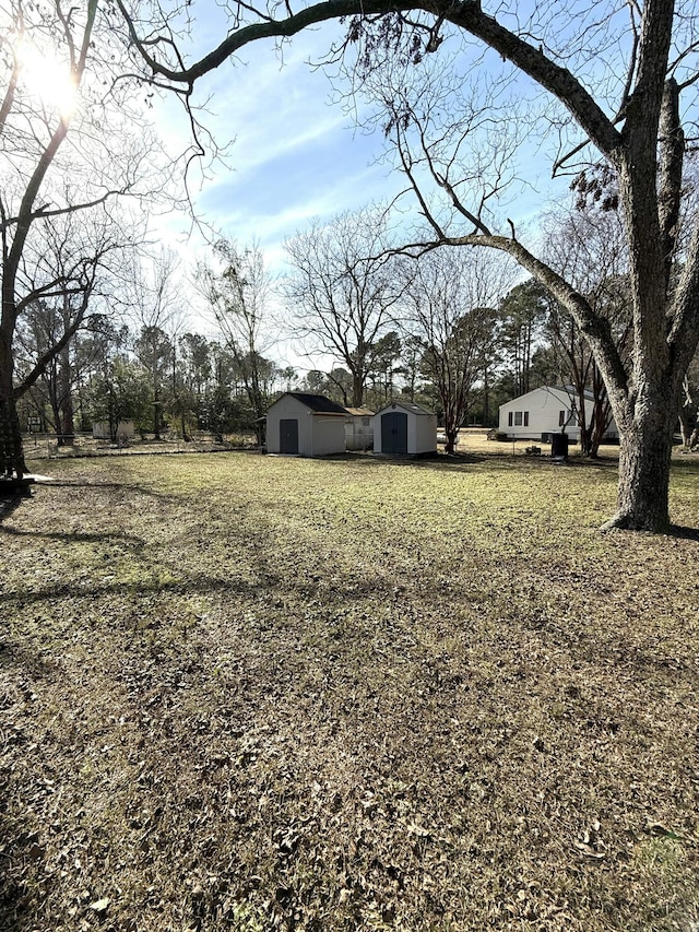 view of yard featuring a storage shed