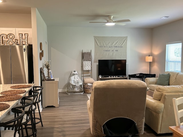 305 Camellia Bloom Dr, Moncks Corner, SC 29461 - living room with wood finished floors, ceiling fan, and baseboards