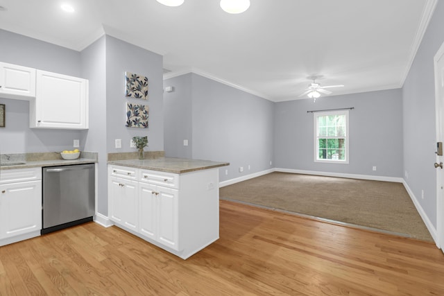 4003 Radcliffe Place Dr Unit B6, Charleston, SC 29414 - kitchen with stainless steel dishwasher, crown molding, ceiling fan, light wood-style flooring, and baseboards