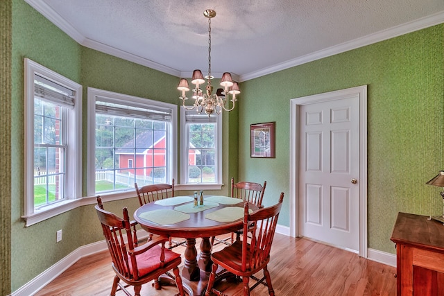 dining space featuring a notable chandelier, ornamental molding, a wealth of natural light, and light hardwood / wood-style flooring