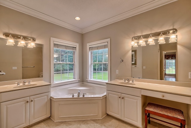 bathroom featuring crown molding, a washtub, vanity, and tile patterned flooring