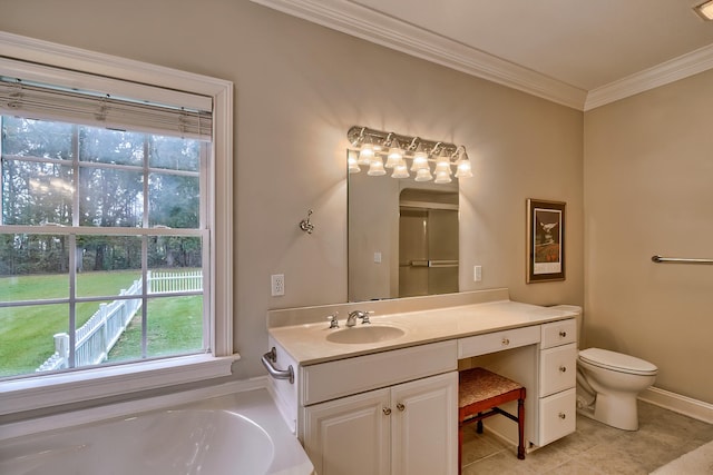 bathroom featuring toilet, vanity, tile patterned floors, and crown molding