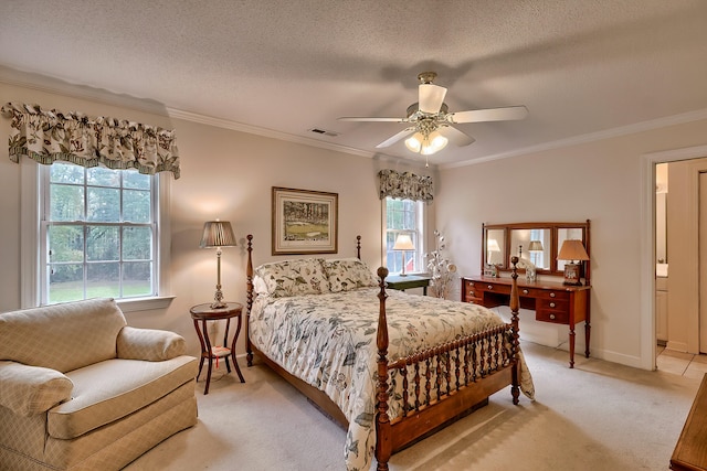 bedroom with a textured ceiling, multiple windows, crown molding, and ceiling fan