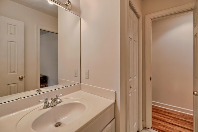 bathroom with vanity and wood-type flooring