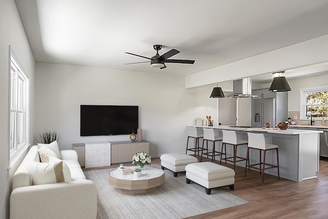 living room with wood finished floors and a ceiling fan