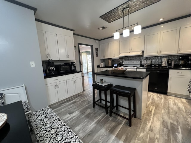 111 Newington Rd, Summerville, SC 29485 - kitchen with black dishwasher, dark countertops, visible vents, white electric range, and under cabinet range hood
