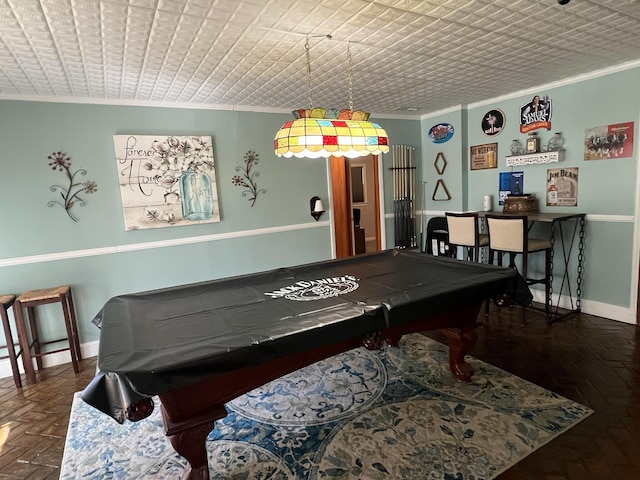 111 Newington Rd, Summerville, SC 29485 - playroom featuring baseboards, pool table, and crown molding