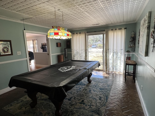 111 Newington Rd, Summerville, SC 29485 - game room featuring brick floor, billiards, baseboards, ornamental molding, and attic access