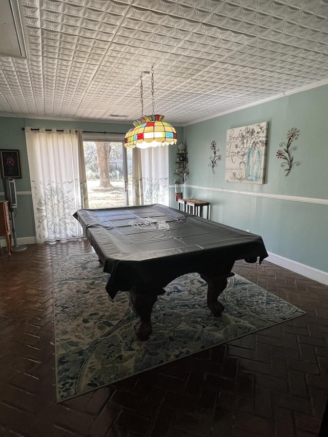 111 Newington Rd, Summerville, SC 29485 - game room featuring brick floor, billiards, an ornate ceiling, and baseboards