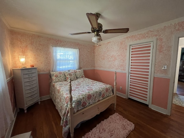 111 Newington Rd, Summerville, SC 29485 - bedroom with wood finished floors, a ceiling fan, ornamental molding, wainscoting, and wallpapered walls
