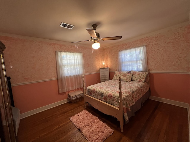 111 Newington Rd, Summerville, SC 29485 - bedroom featuring a ceiling fan, baseboards, visible vents, and dark wood-style flooring