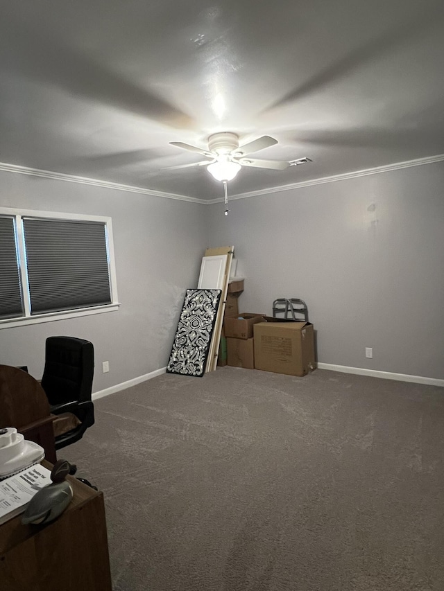 111 Newington Rd, Summerville, SC 29485 - unfurnished office with carpet floors, ornamental molding, a ceiling fan, and baseboards