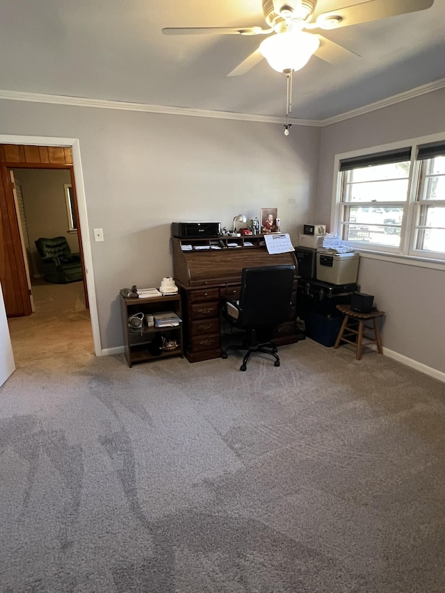 111 Newington Rd, Summerville, SC 29485 - home office with a ceiling fan, carpet flooring, crown molding, and baseboards