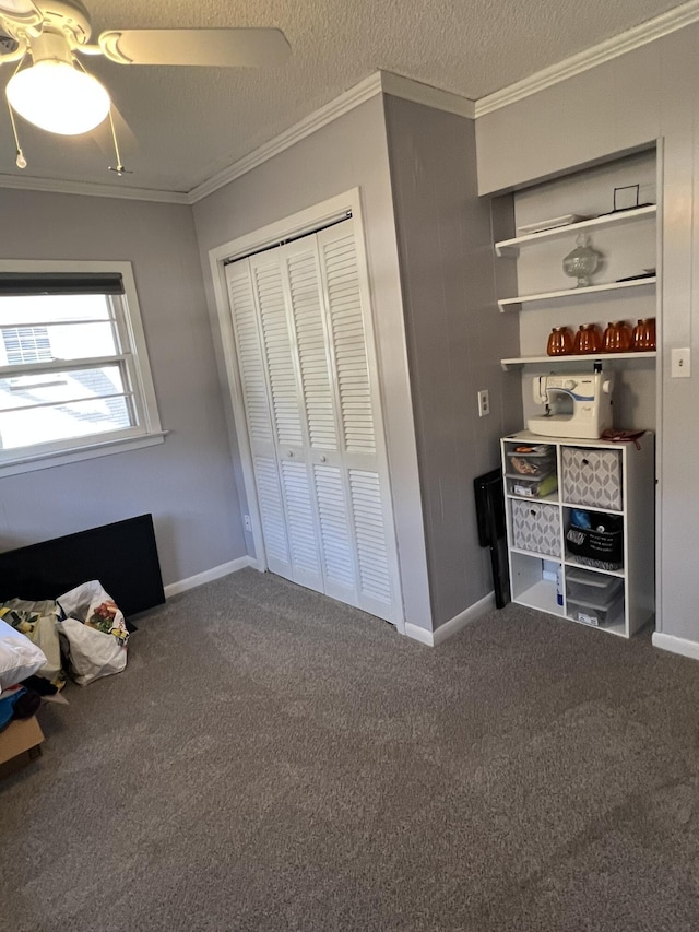 111 Newington Rd, Summerville, SC 29485 - unfurnished bedroom with carpet floors, a closet, ornamental molding, a ceiling fan, and a textured ceiling