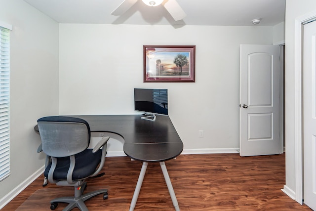 office with ceiling fan and dark hardwood / wood-style floors