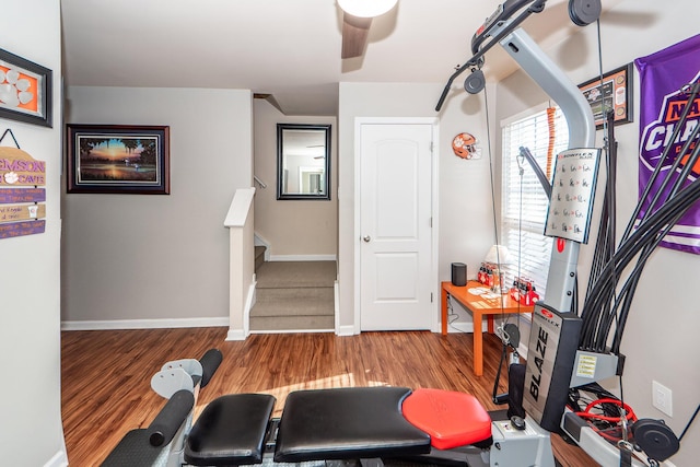 workout room with ceiling fan and hardwood / wood-style flooring