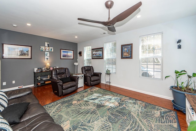 living room with ceiling fan and wood-type flooring