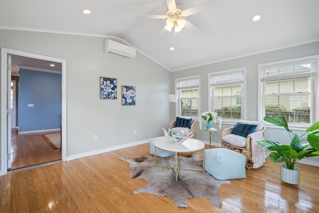 1458 Clarendon Way, Mount Pleasant, SC 29466 - living area with a wall unit AC, crown molding, hardwood / wood-style flooring, baseboards, and lofted ceiling