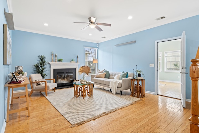 1458 Clarendon Way, Mount Pleasant, SC 29466 - living area with ceiling fan, a fireplace with flush hearth, light wood-type flooring, ornamental molding, and baseboards