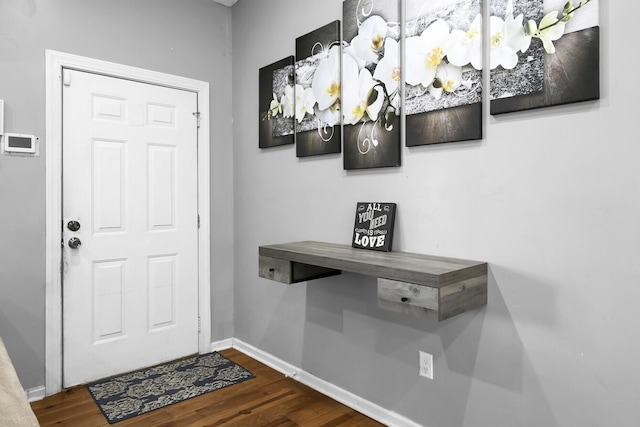 foyer with baseboards and wood finished floors