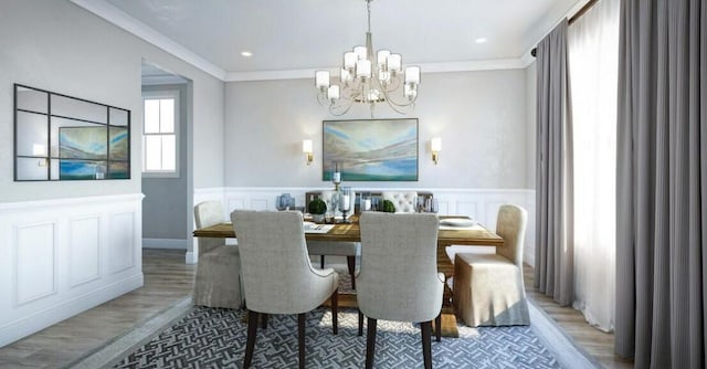 1668 Siloh Dr Unit 470, Mount Pleasant, SC 29466 - dining room with a notable chandelier, ornamental molding, a decorative wall, a wainscoted wall, and wood finished floors