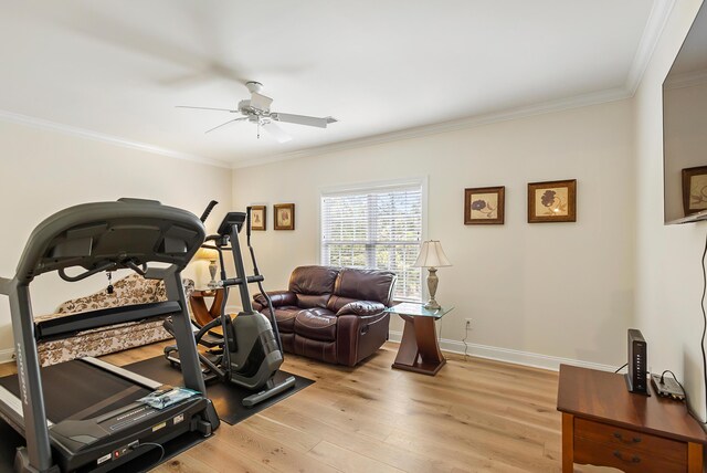 workout room featuring crown molding, a ceiling fan, light wood finished floors, and baseboards