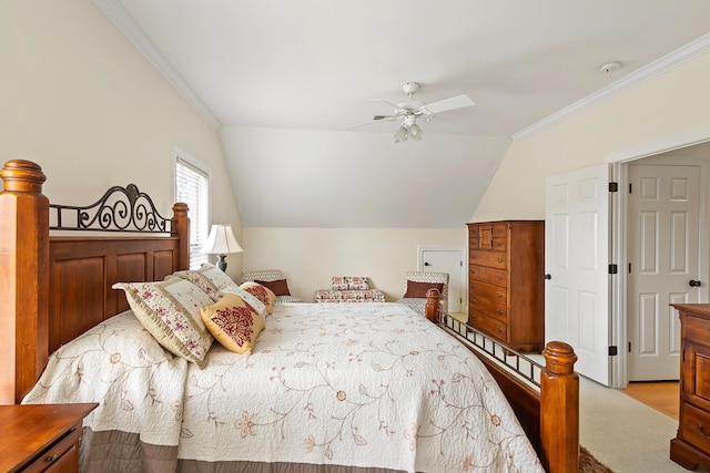 bedroom featuring crown molding, ceiling fan, and vaulted ceiling