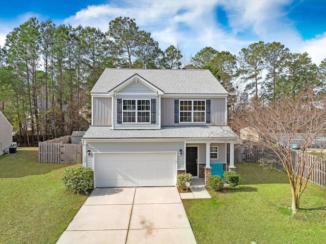 view of front of house with a garage, driveway, covered porch, and fence