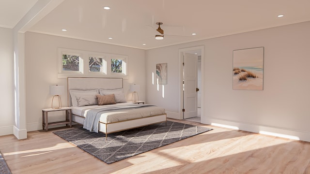 3307 Waterway Blvd, Isle Of Palms, SC 29451 - bedroom featuring light wood-style flooring, baseboards, crown molding, recessed lighting, and a ceiling fan