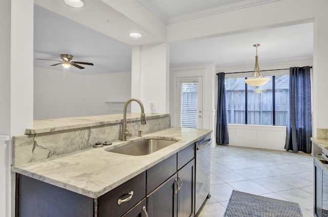 2159 Spoleto Ln Unit E, North Charleston, SC 29406 - kitchen with a sink, stainless steel dishwasher, a ceiling fan, light stone counters, and hanging light fixtures