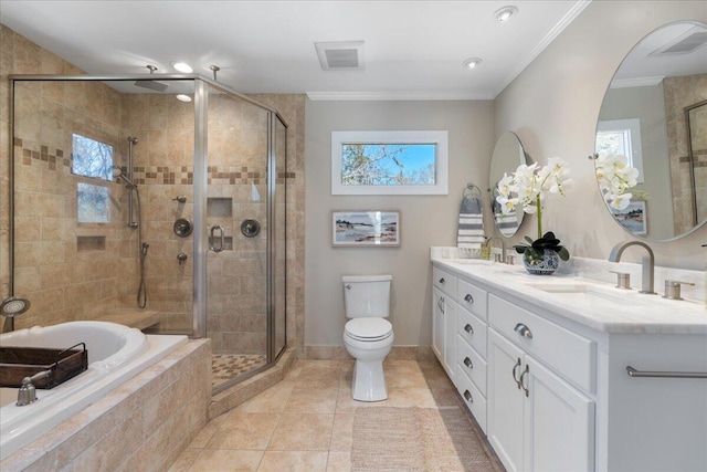 full bath with visible vents, crown molding, a stall shower, a bath, and a sink