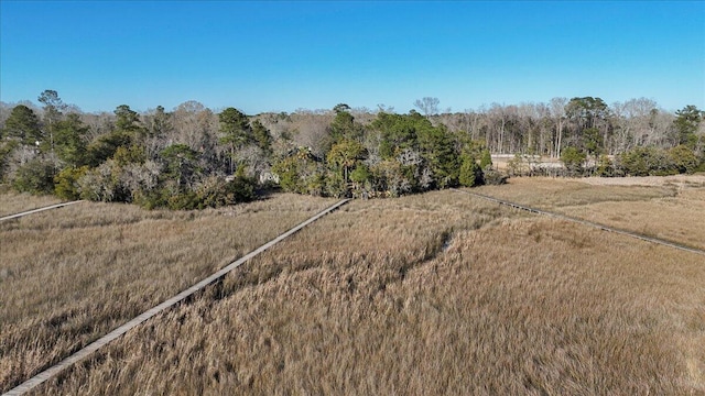 bird's eye view with a wooded view