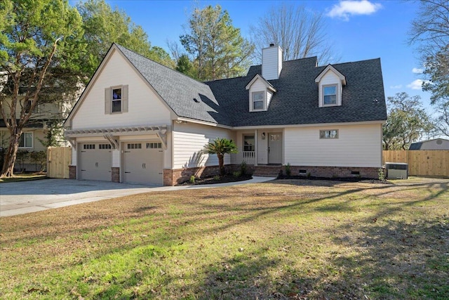 view of front of property with fence, driveway, a chimney, a front lawn, and central air condition unit