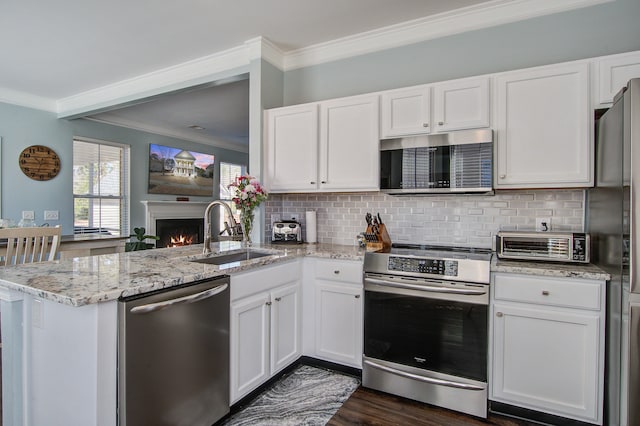 kitchen with appliances with stainless steel finishes, a peninsula, a lit fireplace, crown molding, and a sink