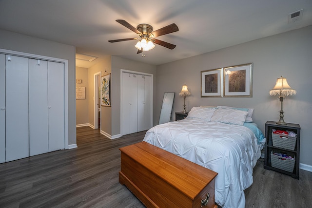 717 Temple Rd Unit B, Ladson, SC 29456 - bedroom with multiple closets, baseboards, wood finished floors, and a ceiling fan