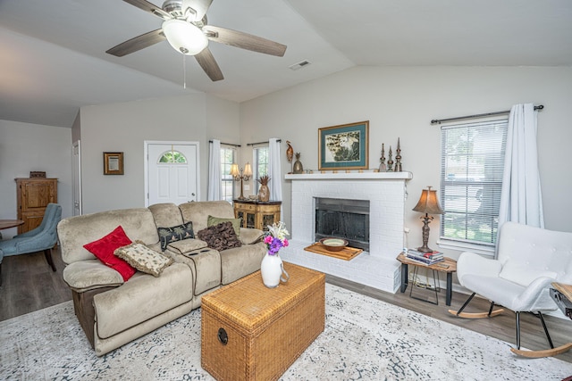 717 Temple Rd Unit B, Ladson, SC 29456 - living room featuring lofted ceiling, wood finished floors, ceiling fan, and a fireplace