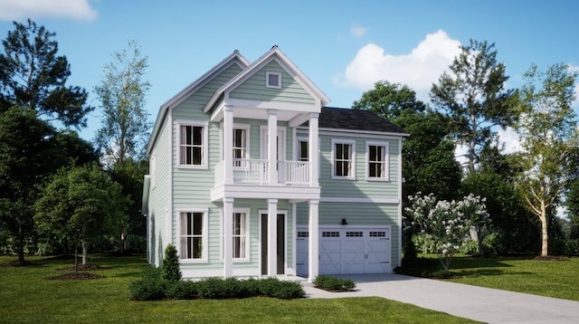 view of front of house featuring a balcony, concrete driveway, an attached garage, and a front lawn