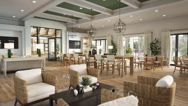 common area with beamed ceiling, recessed lighting, and coffered ceiling