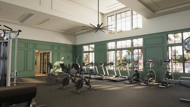 workout area with a decorative wall and a towering ceiling