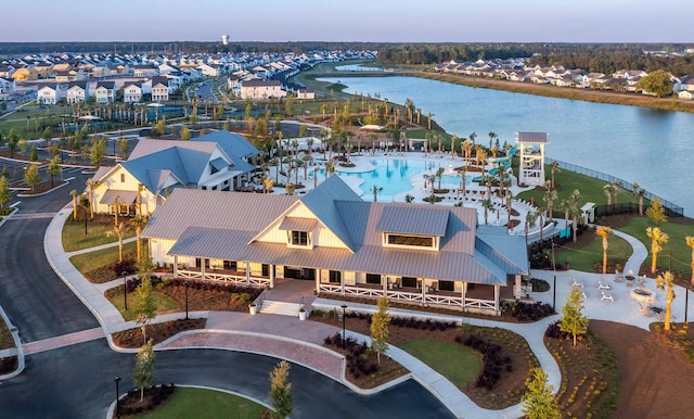 aerial view of a large body of water and a pool area