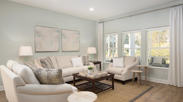 living room featuring wood finished floors, baseboards, and recessed lighting