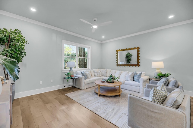 7416 Indigo Palms Way, Johns Island, SC 29455 - living area with ornamental molding, a ceiling fan, baseboards, light wood-type flooring, and recessed lighting