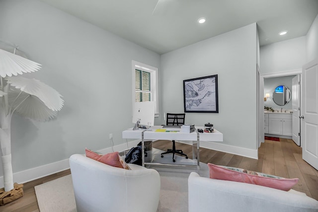 7416 Indigo Palms Way, Johns Island, SC 29455 - office area featuring baseboards, hardwood / wood-style floors, and recessed lighting