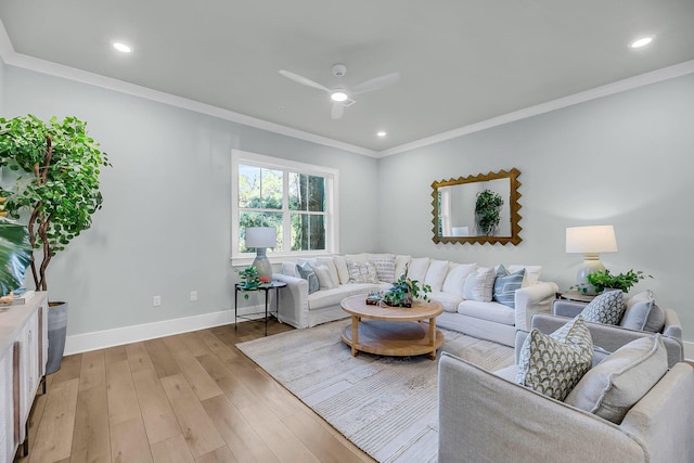 7416 Indigo Palms Way, Johns Island, SC 29455 - living area featuring ornamental molding, a ceiling fan, light wood-type flooring, baseboards, and recessed lighting